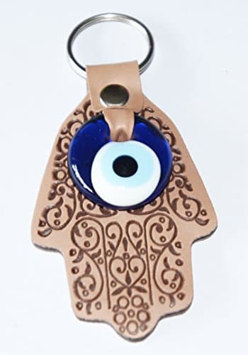 Classic Middle Eastern Large Evil Eye Keychain Key Ring With Hand Cut Leather Hamsa Hand