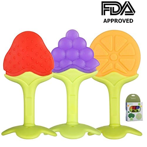 Zakitane Fruit Teether Set Tree Teethers Gift Teething Toys,Bib Gift Set for Baby Massage Soothe Molar Teeth BPA Free (Set of 3, Orange, Grape and Strawberry)