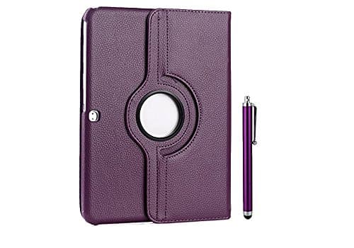 Multi Angle Stand Samsung Galaxy Tab 4 10.1 Case 10.1-inch SM-T530 Tablet Synthetic Leather 360 Degree Rotating Case Cover with Auto Sleep/Wake Function for Samsung Galaxy Tab 4 10.1 inch T530 + Screen Protector + Stylus Pen - Color Purple