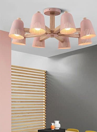 Modeen Northern Europe Adjustable Solid Wood Ceiling Light Modern Simple Hollow Iron Shade E27 Decoration Ceiling Pendant Lamp Living Room Restaurant Bedroom Kitchen Chandelier ( Color : Powder-Eight Heads )