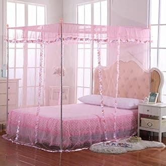 JQWUPUPMosquito Net for Bed - 4 Corner Canopy for Beds, Canopy Bed Curtains, Bed Canopy for Girls Kids Toddlers Crib, Bedroom Decor (Full Size, Pink)