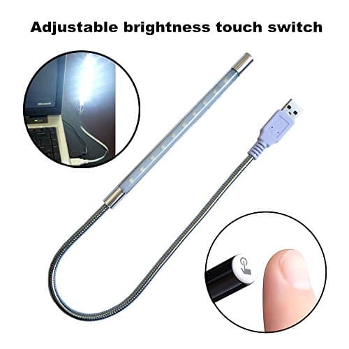 Eleidgs USB LED Light 10 LED Dimmable Touch Switch Lamp Portable LED Light Reading Light Flexible Neck for Computer / PC / Notebook / Camping / Tourism (Silve)