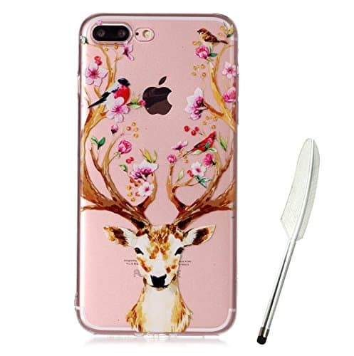 iPhone 8 Plus 5.5" Case, Edaroo Cute Cartoon Flowers Leaves Animals Pattern Ultra Slim Thin Gel Rubber Transparent Clear Case with Colorful Printed Design Silicone Tpu Rubber Protective Back Case Cover for Apple iPhone 7 Plus (5.5inch)(2016 released) / iPhone 8 Plus (5.5inch)(2017 released) - Deer