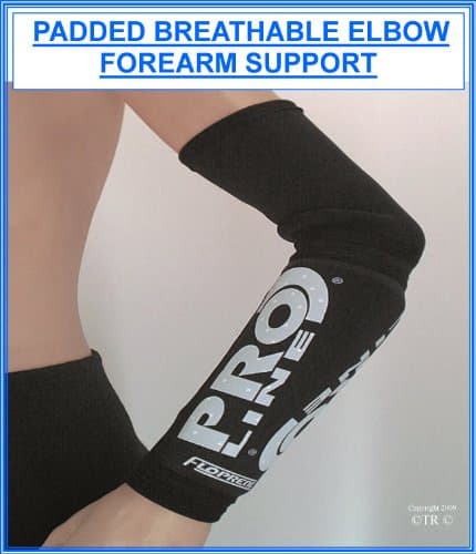 PADDED BREATHABLE FOREARM ELBOW SUPPORT, This slip on support sleeve is manufactured using high quality, double thickness breathable 2mm neoprene with additional padding provided by 6 mm foam inserts. It is further extended around the contour of the elbow and upper arm in single layer thickness. Size = MEDIUM (P&amp;P 99p Worldwide)