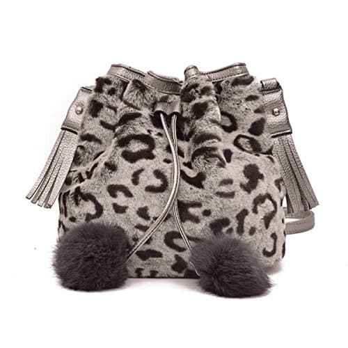 Female Plush Bucket Packet Korean Version Hand Carry Drawstring Shoulder Bag Will Messenger Bag,WhiteLeopard-OneSize
