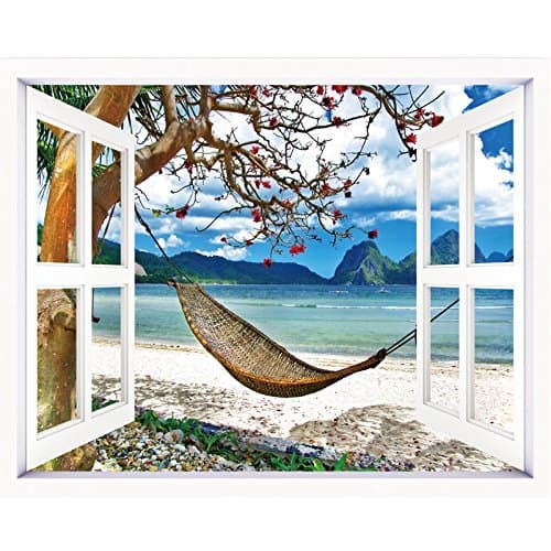 Leave the window-Leave Windows decorated with posters emulation window wall sticker 3D space 60*50cm town style, hammocks ocean ,100*80cm