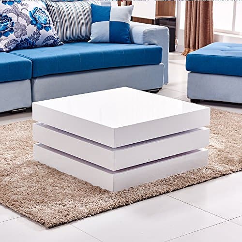 Willstone 360° Rotated High Gloss Coffee Table, Modern Design White Square Extendable Table for Living Room