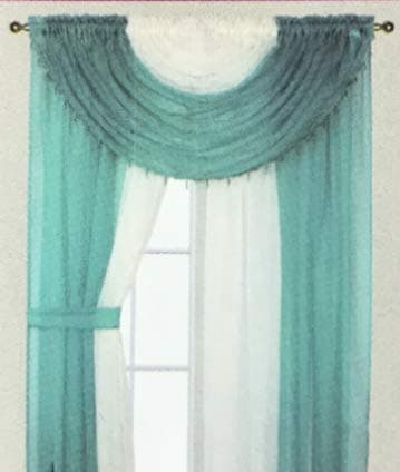 Sapphire Home Complete Window Sheer Curtain Panel Set with 4 Attached Panels (55x63 Each) and 2 Valances with Beads and 2 Tiebacks - Easy Installation- Multicolor 63" Turquoise and Beige
