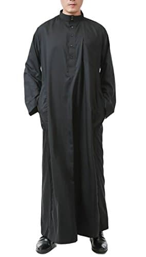 Mens Long Sleeve Stand Collar Solid Casual Button Muslim Arab Thobe Thawb Caftan