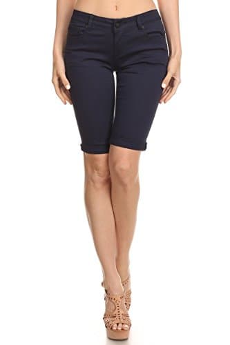 Enjean Women's Knee Length Basic Colored Shorts w/ Cuffed Hem (7 Colors) (5, Navy)