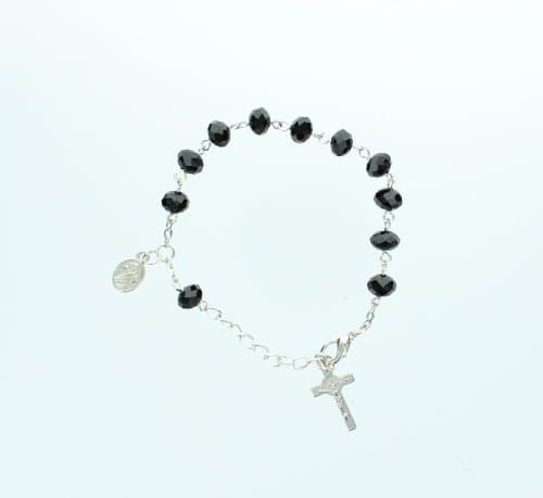 Silver Catholic Rosary Bracelet, Adjustable, Black Beads, Dangle St. Benedict Crucifix, Saints Charm. Catholic Saint Benedict Patron Saint of Kidney Disease, Poison Sufferers, Students, Poisoning, School Children, Homeless, Monks.