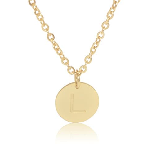 18K Gold-Plated Round Disc Engraved Initial Pendant 18” Adjustable Necklace with Personalized Alphabet Letter (L)