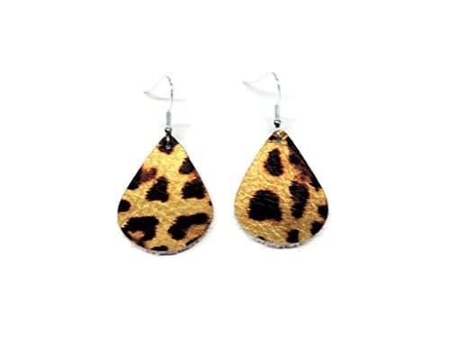 Handmade Gold Cheetah Leopard Pattern Small Teardrop Leather Earrings