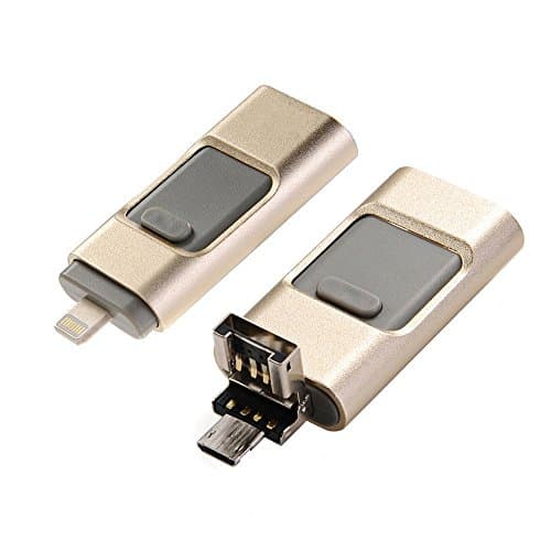 ANATEK® 3 in 1 Multifunction Mobile USB Flash Drive [32G] with Lightning Connector OTG for iPhone 5 5S 6 6S Plus, iPad Mini, iPad 4, iPad Air, Android Systems, Computer and PC (Gold)