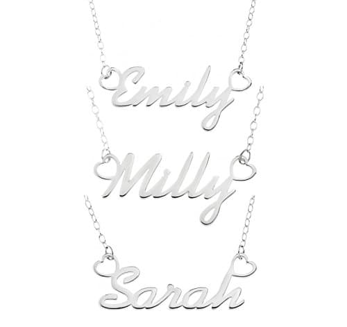 Solid 925 Sterling Silver Personalised Name Necklace | Choose Any Name | Including Sterling Silver Trace Chain 14" 16" 18" (Hearts)