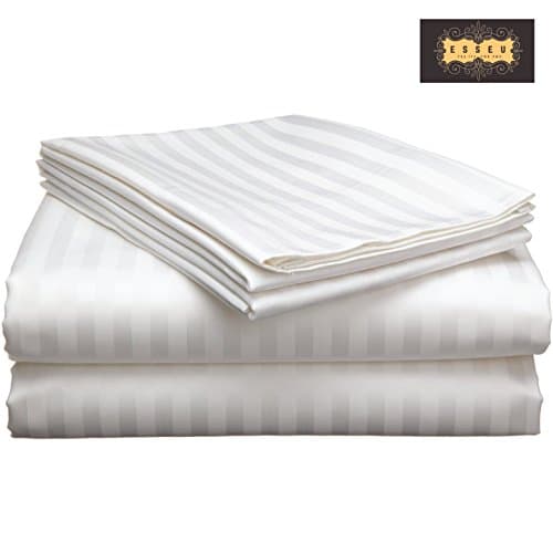 300 Thread Count 100% Cotton Sheet Set, Dobby Stripe, Soft Sateen Weave, Deep Pockets,Home &amp; Hotel Collection,Luxury Bedding-Bestseller- Super Sale 100% Cotton, by ESSEU (Queen, White)