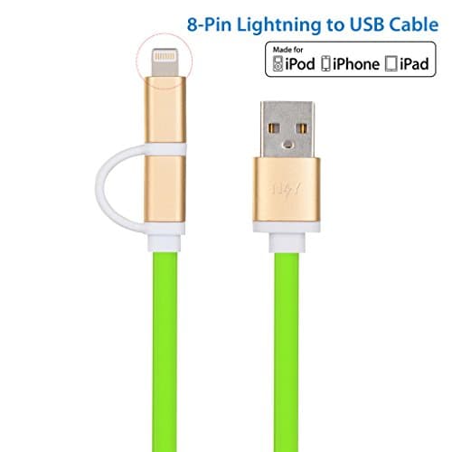 NICEYOU 2-Pack Green Short USB Dual Cable 2 in 1 30CM 1Ft with Lightning and Micro-USB Charger Cord for Charging IOS Apple iPhone Android Tab Galaxy Kindle