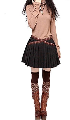 ZkCostume Women's Basic Woolen Blend Plaid X-form Pleated Mini Skirt, Medium