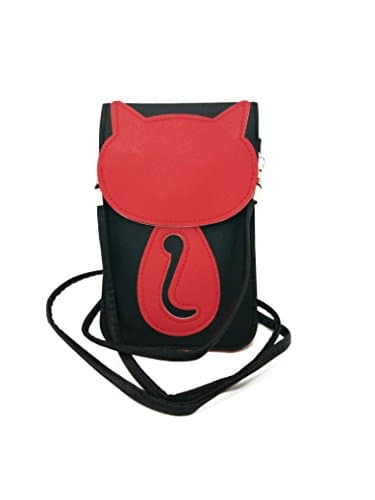 TEGAOTE PU Leather Cute 3D Cat Umbrella Patterns 2 Layers Mini Crossbody Single Shoulder Bag 5.5-Inch Cellphone Pouch Purse with Transparent Window Touch Screen (Black-Red Cat)