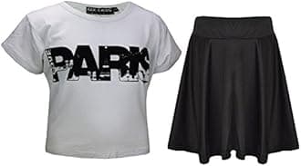 Kids Girls Comic Graffiti Leopard #SELFIE Crop Top &amp; Fashion Skater Skirt Set