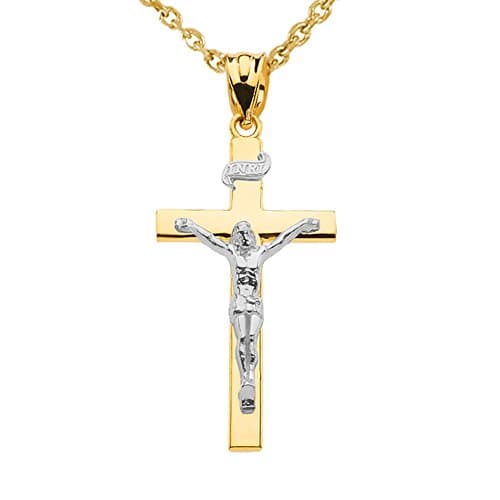 Solid 10k Two-Tone Gold Linear Cross INRI Crucifix Pendant Necklace