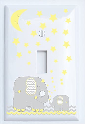Yellow Elephant Light Switch Plate Cover Single Toggle with Yellow Moon and Stars/Elephant Nursery Decor with Grey and Yellow Chevrons (Single Toggle)