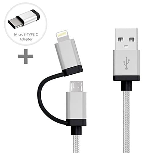 LOE Special Set - USB Type C To Microusb Adapter Connector + [Apple Mfi Certified] Duo 2-In-1 USB Cable Silver