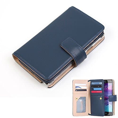 Genuine Leather Wallet Case for Samsung Galaxy Note 4 Smart View Flip Cover Case (Navy)