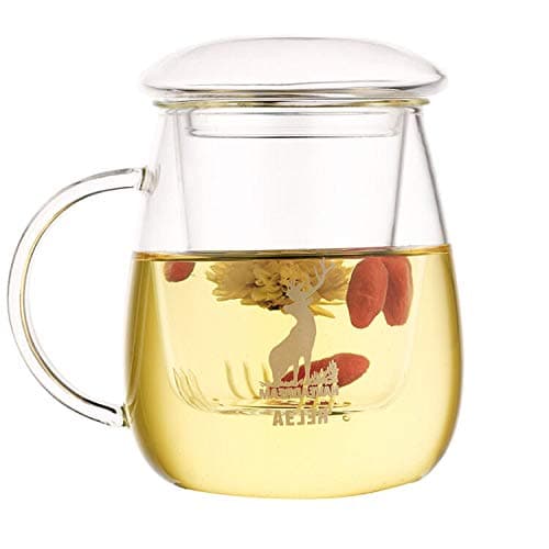 Glass Tea Infuser Cup/Mug/Maker with Lid, Strainer & Handle 17oz/500ml, Borosilicate Glass Teapot-For-One Set for Loose Teas & Flowers, Elk Pattern, Gift Box Package