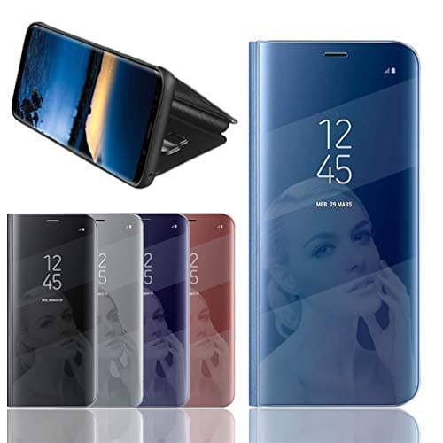 LHB Clear View Standing Case, Mirror Smart Flip Case Cover for Galaxy S10e Case Blue