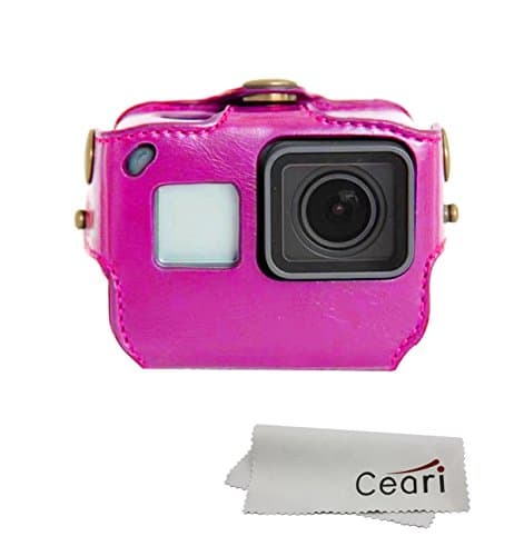CEARI PU Leather Camera Case Bag Protective Cover with Strap for Gopro HERO 5 Action Camera - Hot Pink