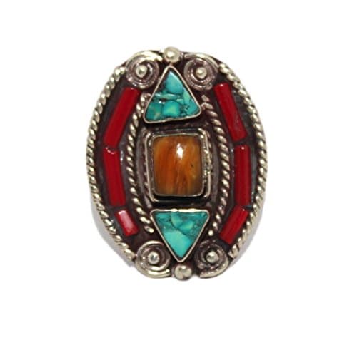 Amber Ring, Turquoise Ring, Coral Ring, Lapis Ring, Tibetan Ring, Nepal Ring, Gypsy Ring, Boho Ring (8.5)