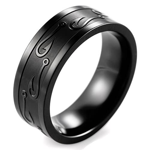SHARDONMen's 8mm Black Titanium Ring with Engraved Fishhook