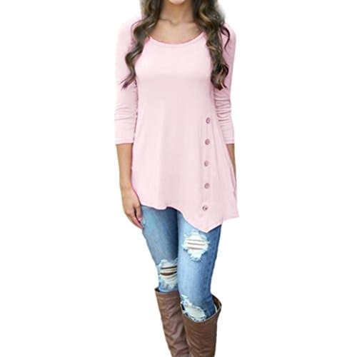 Long Tunic,Women's Pullover Loose Button Trim Blouse Tops T-Shirt