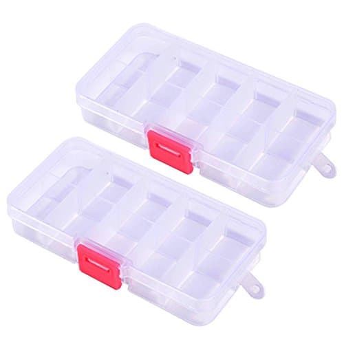 LEFV™ Small Storage Box with 10 Compartments Plastic Separable Jewelry Case Organizer Pills Classified Container, Pack of 2 (Clear with Red Buckle)