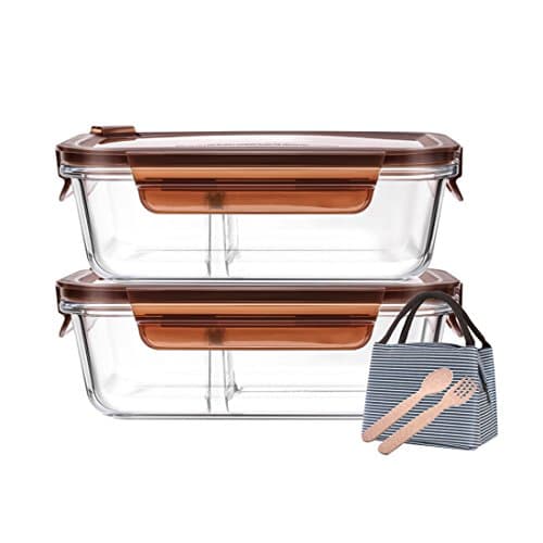 Levoberg 2 Pack Glass Meal Prep Containers 2/3 Compartment with Insulated Lunch Bag Bento Box Containers Glass Food Storage Containers with Lids Lunch Containers 7x5.3x2.3inch(850ML) Brown