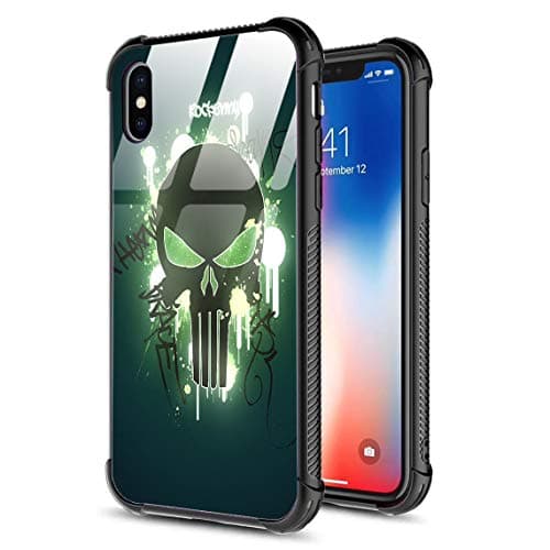 iPhone X Case,iPhone Xs Case,Slim Tempered Glass Back Cover Silicone Bumper Frame Shockproof Anti-Scratch Cover Case for Apple iPhone X/XS Rock Skull