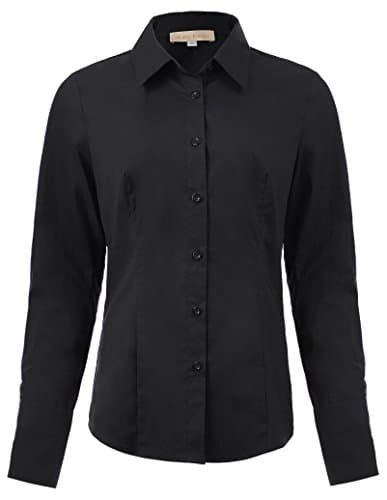 Women's Basic Long Sleeve Slim Shirt Button Down Collared Blouse (Black, M)