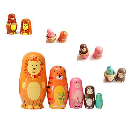 Moolon Nesting Animals Painted Wooden Nesting Dolls Cute Animal Pattern Russian Nesting Dolls Matryoshka Wood Nested Stacking Dolls Set of 5