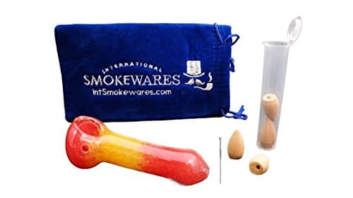 Glass Kit with Padded Pouch, Incense Down Draft, Smell Proof Water Tight Pop Top Tube Incense Holder, and Stainless Steel Pipe Cleaner Pick (Red Lava, 4 Inch)
