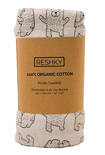 Reshky Organic Muslin Cotton Swaddle Blanket - Bear Pattern