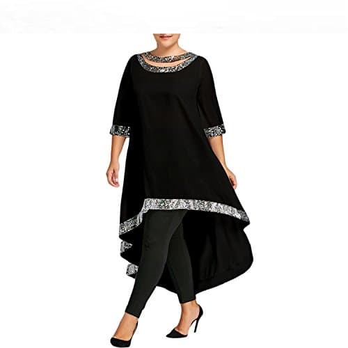 Jerald Logan 2018 Spring Plus Size 5XL Sequined Trim Dip Hem Dress Women 3/4 Length Sleeve Cut Out Dress Big Sizes Femme Black XXXL