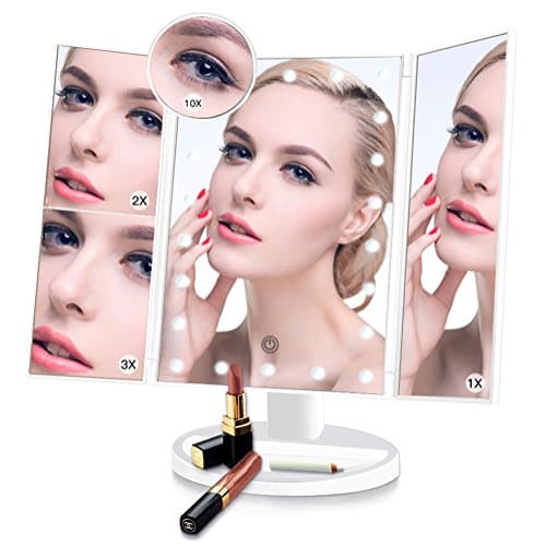 Makeup mirror,22 LED lights, Tri-fold Illuminated Vanity Mirror 1x/2x/3x/10x Magnification, Vanity Cosmetic Mirror with Touch Screen,and 180 Adjustable Stand for Table(White)
