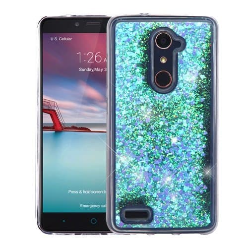 ZTE BLADE X MAX / ZTE ZMAX PRO Case, Casey Case, [Sparkle Bling] [Flowing Liquid Quicksand Glitter Sand] Protective Hybrid TPU Bumper Back Cover (Hearts - Blue)