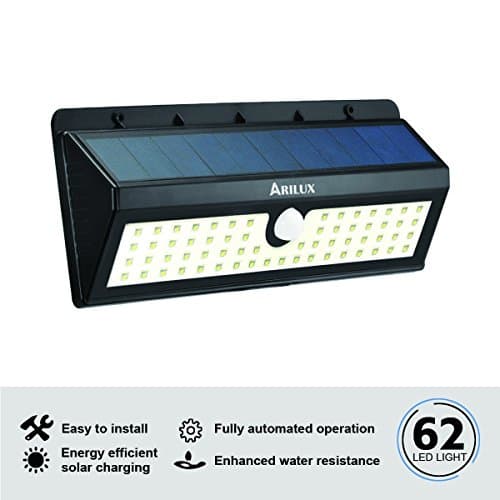 Solar Light, ARILUX 62 LED Solar Motion Sensor light Outdoor Waterproof Wall Light with Three Intelligent Modes for Patio, Garden, Back Door