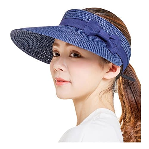 ONCEFIRST Women's Foldable Straw Sun Visor Cute Bowtie Caps UV Protection Thin Hat Floppy Navy Blue