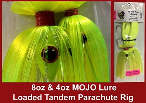 Blue Water Candy - Rock Fish Candy 8 oz & 4 oz Mojo Lure Loaded with 9-Inch Swimbait Shad Bodies Tandem Parachute Rigged & Ready
