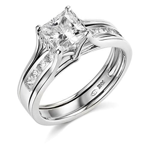 14k White Gold SOLID Princess Square Engagement Ring &amp; Wedding Band Set - Size 5