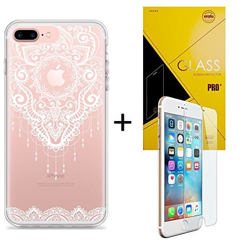 iPhone 7 Plus Clear Case Bundled with 9H Glass Screen Protector, White Henna Damask Style Transparent Design, Hard Plastic with Soft TPU Bumper Case for the Apple iPhone 7 Plus (5.5 inch)