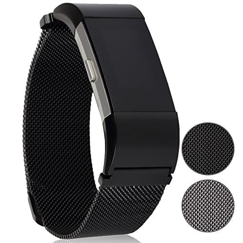 Premium Replacement Bands for Fitbit Charge 2 by Lorum: Stainless Steel Metal Bracelet Strap In Silver &amp; Black – Strong Magnet Lock With Buckle Design HR Fitness Tracker – Small &amp; Large Hand Straps